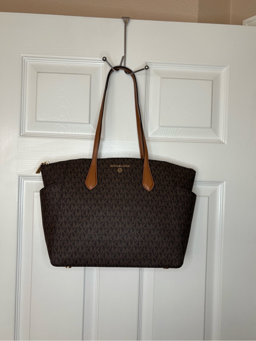 Michael Kors Dark Brown MK Signature Tote with Tan Leather Straps
